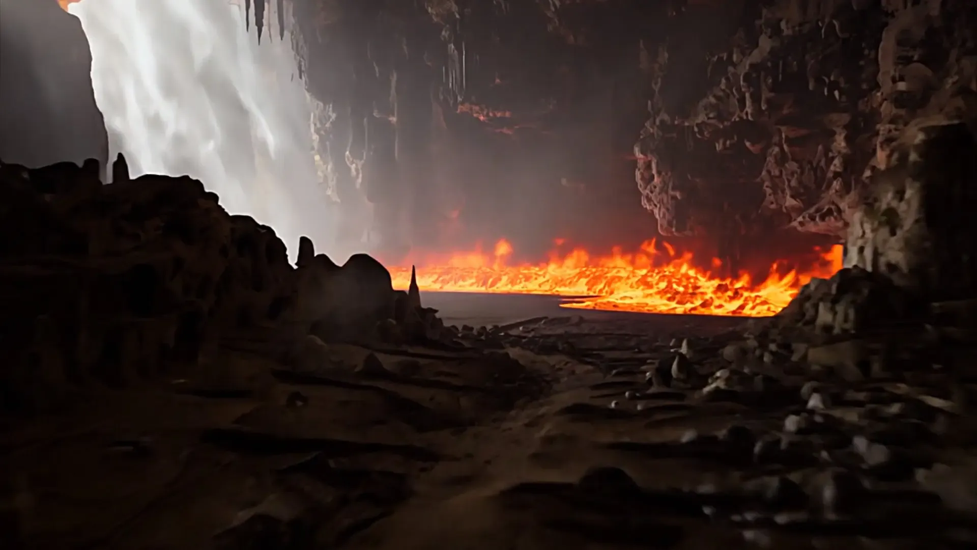 Eerie Skull Cave with Fiery Lava Background Stock Video for Horror Projects